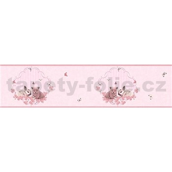 Detské vliesové bordúry Little Stars zajačik a mačiatko na ružovom podklade